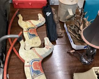 WHOLE TABLE OF ITEMS, 6ft ALUMINUM LADDER, TABLE LAMPS, INVERSION TABLE, YARD ART, MINI STEP EXERCISE NO SHIPPING PICKUP ONLY
