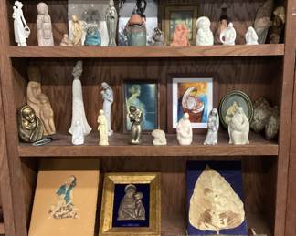 CHOICE SHELVES OF ASSORTED MOTHER & CHILD SCULPTURES, ARTWORK, CLAY, POTTERY, MARBLE, STONE, WOOD, RESIN NO SHIPPING PICKUP ONLY
