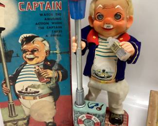 2) VTG. TOY LOT. THE DRINKING CAPTAIN AND PINBALL Made in Japan animated drinking captain and Poosh-M-Up Jr. 4 in 1 Baseball PINBALL game.