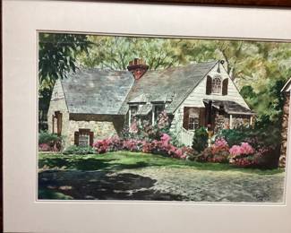 COTTAGE FRAMED WATERCOLOR BY GIB CROCKETT AND ONE DAY SIGNED PRINT 418/500 BY DELLA ROBERTS