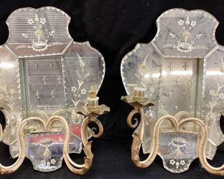 PAIR OF EARLY 20th CENTURY VENETIAN ETCHED GLASS MIRROR SCONCES NO SHIPPING PICKUP ONLY