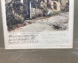 2 VTG. HAND COLORED ETCHINGS BY HERTA CZOERNIG GOBANZ. JOHANN STRAUSS VIENNA SALMANNSDORF SUMMER HOUSE AND L.V. BEETHOVEN BADEN WIEM IM MAGDALENENHOF