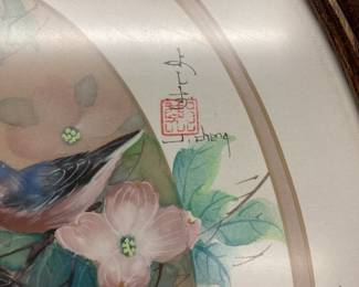 VTG. WATERCOLOR ON SILK BY JOHN CHENG BLUE BIRDS ON A DOGWOOD BRANCH