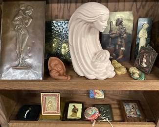 ASSORTED MOTHER & CHILD SCULPTURES, ARTWORK, STATUES, COPPER, STONE, CLAY, MARBLE, WOOD NO SHIPPING PICKUP ONLY