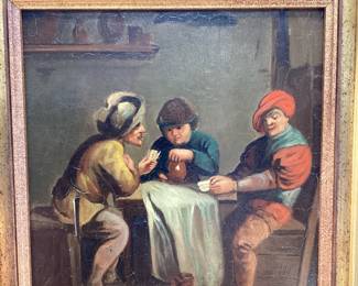 2) EARLY CENTURY OIL ON METAL PLATE ART. IN THE LIKE OF ADRIAEN VAN OSTADE AND DAVID TENIERS the YOUNGER. THESE PIECES OF ARTWORK ARE PAINTED ON METAL PLATE. FRAMED 11x12 INCHES, PLATE IS 6.75x8 INCHES.