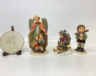 4) VINTAGE GOEBEL HUMMELS Collectors club member plate and stand, Heavenly protection, Ride into Christmas and Itâ€™s cold