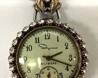 RARE VINTAGE INGRAHAM BILTMORE LADIES PENDANT WATCH Two griffins and rhinestone bezel it is running
