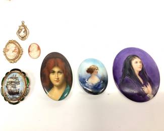 VTG. THOMAS L. MOTT PAINTED ENAMEL BROOCH MADE In England, 3 PAINTED CAMEO BROOCHES, 3 CARVED CAMEO BROOCHES