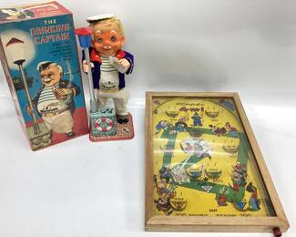 2) VTG. TOY LOT. THE DRINKING CAPTAIN AND PINBALL Made in Japan animated drinking captain and Poosh-M-Up Jr. 4 in 1 Baseball PINBALL game.