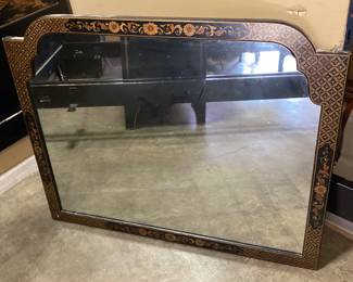 VTG. SHAW FURNITURE CO CHINOISERIE BLACK LAQUER BED SET, 2 DOUBLE BEDS, GLASS TOP CHEST OF DRAWERS w MIRROR NO SHIPPING PICKUP ONLY