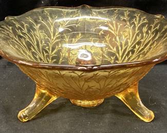 1930s FENTON AMBER SILVER TONE WISTERIA TRI-FOOT BOWL