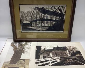 3 SIGNED R.B DANCE PRINTS SINGLE BROTHERS HOUSE AND BAGGE HOUSE OLD SALEM #29/100 AND HANDYS WHEEL #1/500