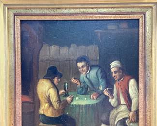 2) EARLY CENTURY OIL ON METAL PLATE ART. IN THE LIKE OF ADRIAEN VAN OSTADE AND DAVID TENIERS the YOUNGER. THESE PIECES OF ARTWORK ARE PAINTED ON METAL PLATE. FRAMED 11x12 INCHES, PLATE IS 6.75x8 INCHES.