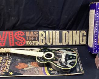  ELVIS PRESLEY MEMORABILIA, 1977 MCCORMICK MUSICAL WHISKEY DECANTER, 1984 LAPIN TOY GUITAR, ELVIS HAS LEFT THE BUILDING WALL SIGN NO SHIPPING PICKUP ONLY