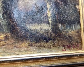 ANTIQUE J. MAY OIL ON CANVAS PAINTING BEAUTIFUL LANDSCAPE PAINTING 15x27 INCHES