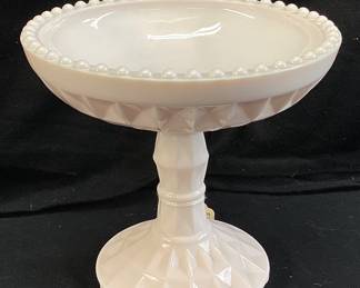 1957-59 JEANNETTE WINDSOR PINK MILK GLASS COMPOTE, 6in H