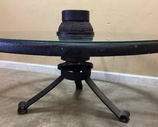 Antique wagon wheel table with glass Custom wagon wheel round table. Approx. 42 in diameter.