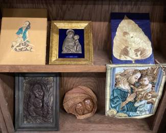 CHOICE SHELVES OF ASSORTED MOTHER & CHILD SCULPTURES, ARTWORK, CLAY, POTTERY, MARBLE, STONE, WOOD, RESIN NO SHIPPING PICKUP ONLY