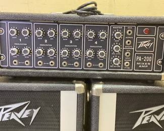 Peavey PA setup, PA 200 mixer amp, 2) PA 210 cabinets. Tested and working, great condition. Great old school power.