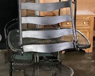 WROUGHT IRON PATIO SET, TABLE, BARREL CHAIR, 2 LADDER BACK CHAIRS & PLANT STAND NO SHIPPING PICKUP ONLY