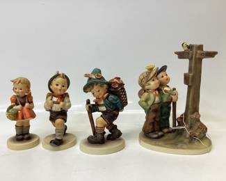 4) VINTAGE GOEBEL HUMMELS Crossroads, flower vendor, school boy and school girl