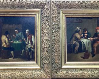 2) EARLY CENTURY OIL ON METAL PLATE ART. IN THE LIKE OF ADRIAEN VAN OSTADE AND DAVID TENIERS the YOUNGER. THESE PIECES OF ARTWORK ARE PAINTED ON METAL PLATE. FRAMED 11x12 INCHES, PLATE IS 6.75x8 INCHES.