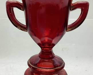 VTG. RED RUBY GLASS TROPHY LOVING CUP TOOTHPICK HOLDER, 3.5in H