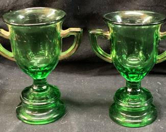 PAIR OF EAPG GREEN TROPHY LOVING CUP TOOTHPICK HOLDERS, 3.5in H
