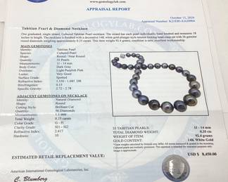 TAHITIAN PEARL & DIAMOND NECKLACE, 14KT WHITE GOLD BEAD CLASP, 18in L, 0.35cts DIAMONDS, 92.4g TOTAL WEIGHT, AIGL APPRAISAL $8,450.00