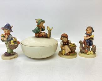 4) VINTAGE GOEBEL HUMMELS Singing lesson trinket bowl, Easter greetings, chick girl and feeding time