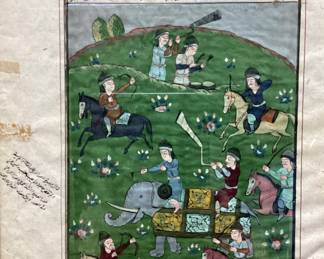 ANTIQUE INDO PERSIAN MANUSCRIPT FRAMED GOUACHE AND INK OF A BATTLE