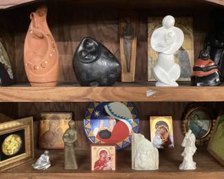 ASSORTED MOTHER & CHILD SCULPTURES, ARTWORK, STATUES, COPPER, STONE, CLAY, MARBLE, WOOD NO SHIPPING PICKUP ONLY