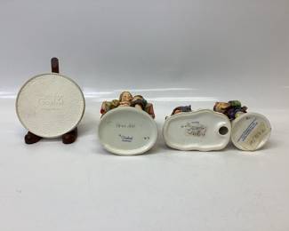 1950â€™s NORCREST BLUE BIRDS SITTING ON A BRANCH AND TWO HUMMEL STYLE PLASTIC ORNAMENTS MADE IN HONG KONG