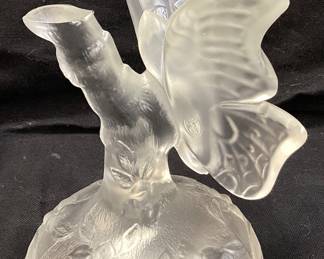 FENTON FROSTED SATIN GLASS BUTTERFLY ON BRANCH RING HOLDER, 5in H