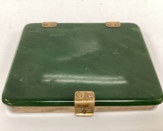 ANTIQUE NEPHRITE JADE CIGARETTE CASE, 1941p WHEAT PENNY, 1908p INDIAN HEAD PENNY, LOCK WITH KEY INSCRIPTIONS AND MASQUE AND GAVEL PIN