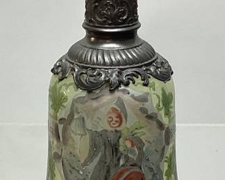 GERMAN METAL TOP, DECORATED GREEN GLASS EWER, 7.5in H