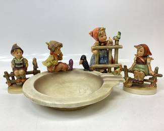  4) VINTAGE GOEBEL HUMMELS Just resting, signs of spring, singing lesson ashtray has a repaired crack and wayside harmony