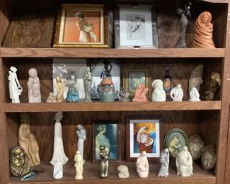 CHOICE SHELVES OF ASSORTED MOTHER & CHILD SCULPTURES, ARTWORK, CLAY, POTTERY, MARBLE, STONE, WOOD, RESIN NO SHIPPING PICKUP ONLY