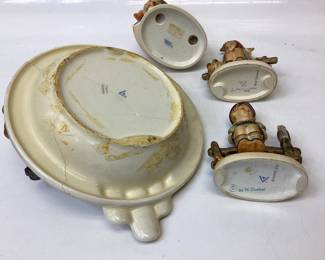 4) VINTAGE GOEBEL HUMMELS Just resting, signs of spring, singing lesson ashtray has a repaired crack and wayside harmony