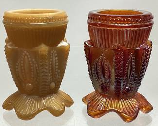(2) VTG. AGAVE CACTUS GLASS TOOTHPICK HOLDERS, GREENTOWN CHOCOLATE SLAG & DEGENHART AMBER, 2.75in H