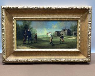 VTG. GOLF SCENE BY M. RIGNI 14x9 GOLD GILT FRAME