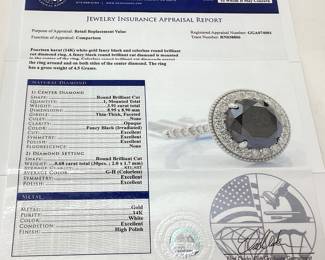 14KT WHITE GOLD FANCY BLACK & COLORLESS DIAMOND RING, SIZE 6.5, 3.91ct FANCY BLACK, 0.68cts COLORLESS DIAMONDS, 4.5g TOTAL WEIGHT, GGA APPRAISAL $8,620.00