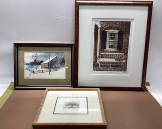 3 VTG. B. TUCKER ETCHINGS MORNING BREAK, BLUEBIRD HOUSE AND WINTER SCENE
