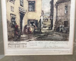 2 VTG. HAND COLORED ETCHINGS BY HERTA CZOERNIG GOBANZ. JOHANN STRAUSS VIENNA SALMANNSDORF SUMMER HOUSE AND L.V. BEETHOVEN BADEN WIEM IM MAGDALENENHOF