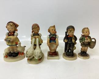 5) VINTAGE GOEBEL HUMMELS Village boy, chimney sweep, little helper, goose girl, and be patient