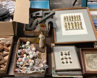 CHOICE OF ART OR FLATS ON THE TABLE, DRAWER KNOBS, WILLOW TREE SCULPTURE, CAST IRON BARN STARS NO SHIPPING PICKUP ONLY