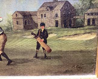 VTG. GOLF SCENE BY M. RIGNI 14x9 GOLD GILT FRAME