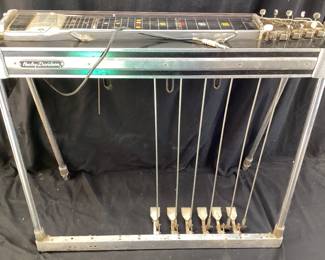 VTG. EMMONS PUSH-PULL SD10 PEDAL STEEL SLIDE GUITAR, 6 PEDAL & 3 KNEE LEVERS, SOLID HARD MAPLE BODY w GLOSS LAMINATE FINISH. THIS GUITAR WAS PROCURED FROM THE BUCK OWENS ESTATE IN CALIFORNIA. IT WAS PLAYED BY JAY MCDONALD OF THE FAMOUS BUCK OWENS BUCKAROOS BAND, BAKERSFIELD, CA. THE PEDAL STEEL GUITAR WILL NEED A TUNE UP. EMMONS LABEL HAS BEEN REPLACED WITH A HARLEY DAVIDSON BADGE. COMES WITH 2 CHROME TONE BARS AKA SLIDES & PICKS