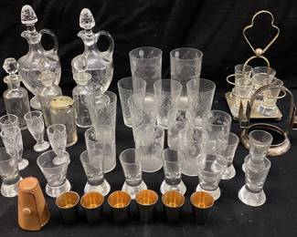 ASSORTED ETCHED GLASS BARWARE DECANTERS, SHOT GLASSES, TUMBLERS NO SHIPPING PICKUP ONLY