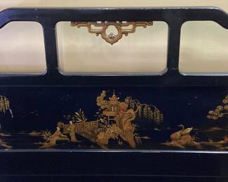 VTG. SHAW FURNITURE CO CHINOISERIE BLACK LAQUER BED SET, 2 DOUBLE BEDS, GLASS TOP CHEST OF DRAWERS w MIRROR NO SHIPPING PICKUP ONLY